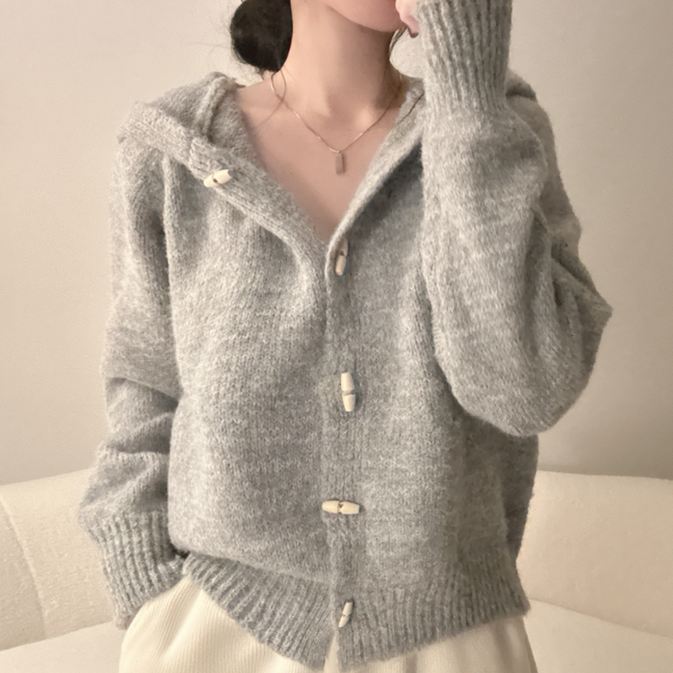 떡볶이 후드 보카시 니트 기디건 그레이