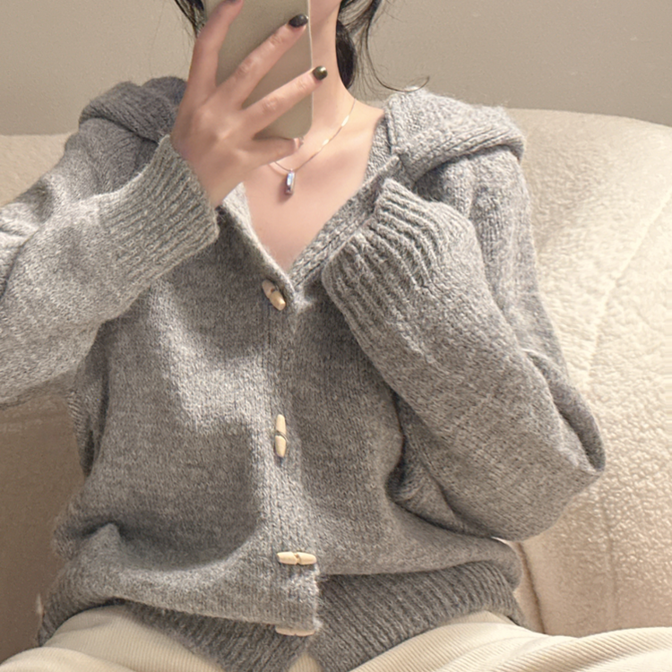 떡볶이 후드 보카시 니트 기디건 그레이