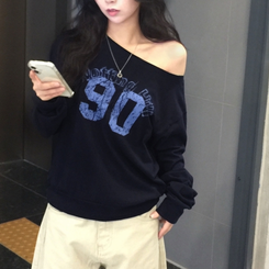 빈티지 넘버 프린팅 원숄더 롱슬리브 레터링 긴팔티셔츠 맨투맨 네이비