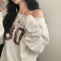 빈티지 넘버 프린팅 원숄더 롱슬리브 레터링 긴팔티셔츠 맨투맨 아이보리