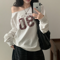 빈티지 넘버 프린팅 원숄더 롱슬리브 레터링 긴팔티셔츠 맨투맨 아이보리