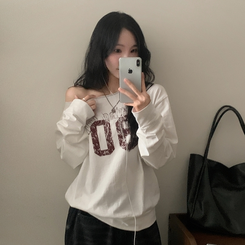 빈티지 넘버 프린팅 원숄더 롱슬리브 레터링 긴팔티셔츠 맨투맨 아이보리