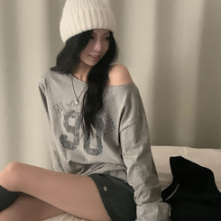 빈티지 넘버 프린팅 원숄더 롱슬리브 레터링 긴팔티셔츠 맨투맨 그레이