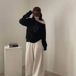 빈티지 넘버 프린팅 원숄더 롱슬리브 레터링 긴팔티셔츠 맨투맨 블랙