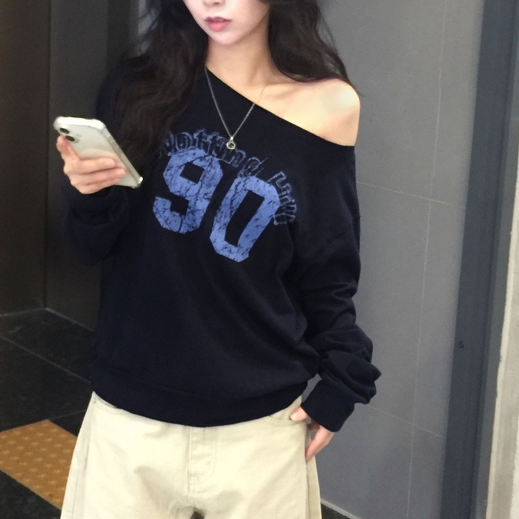 빈티지 넘버 프린팅 원숄더 롱슬리브 레터링 긴팔티셔츠 맨투맨 네이비