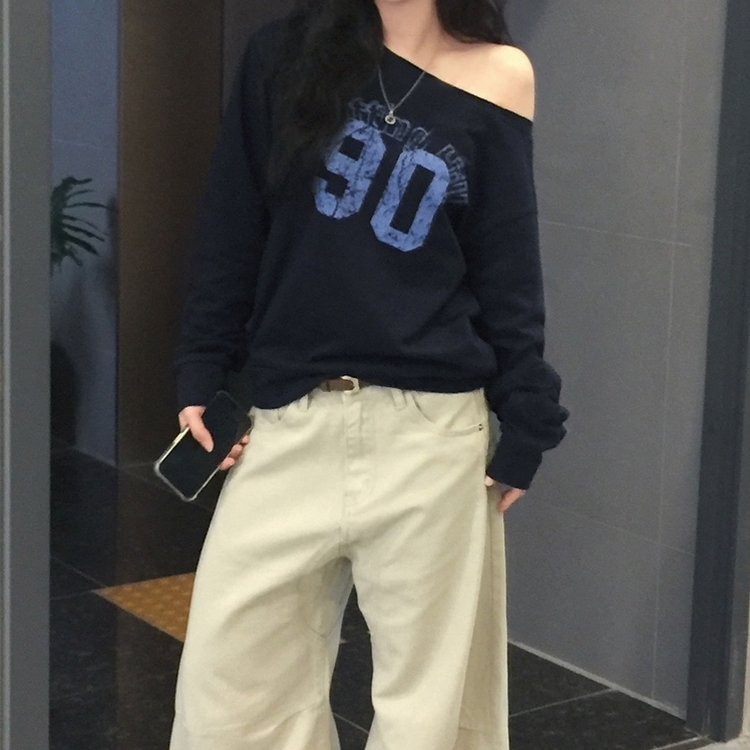 빈티지 넘버 프린팅 원숄더 롱슬리브 레터링 긴팔티셔츠 맨투맨 네이비