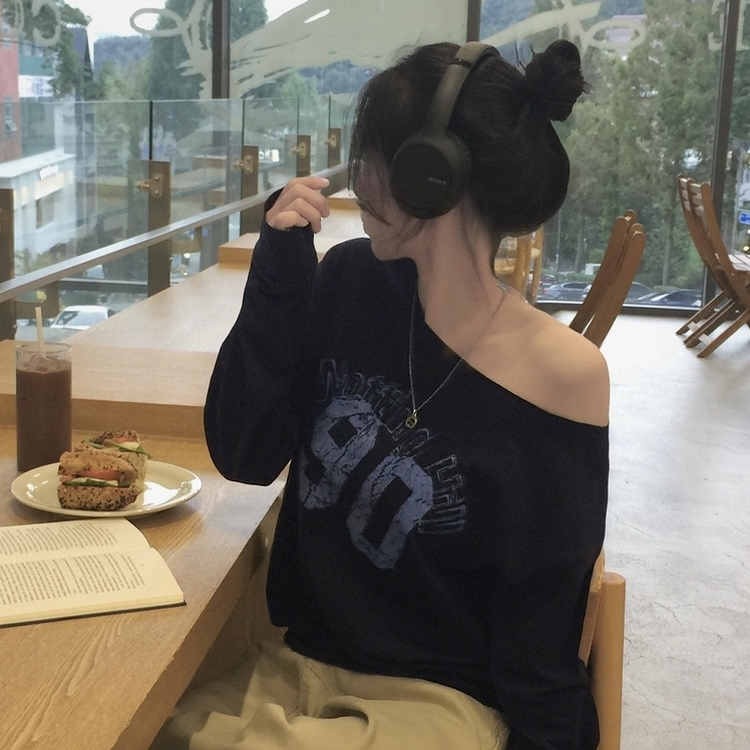 빈티지 넘버 프린팅 원숄더 롱슬리브 레터링 긴팔티셔츠 맨투맨 네이비