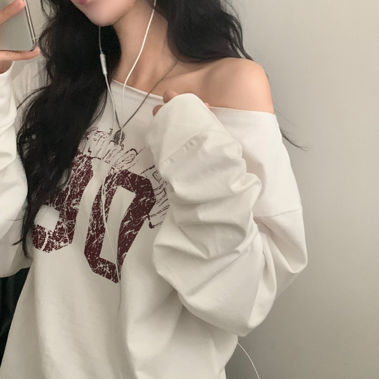 빈티지 넘버 프린팅 원숄더 롱슬리브 레터링 긴팔티셔츠 맨투맨 아이보리