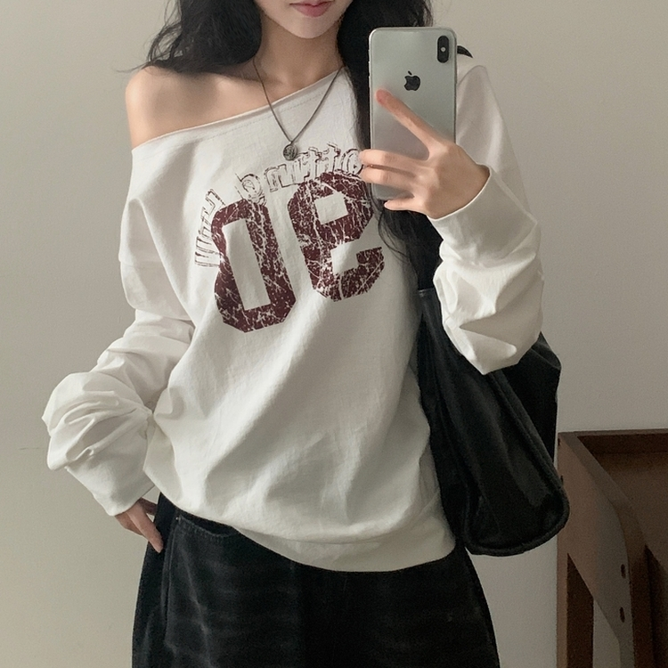 빈티지 넘버 프린팅 원숄더 롱슬리브 레터링 긴팔티셔츠 맨투맨 아이보리