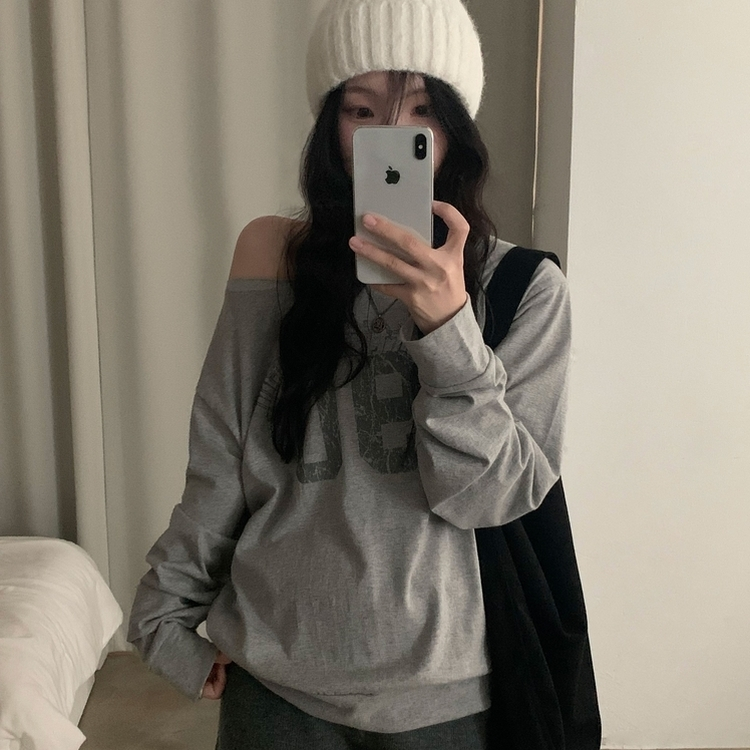 빈티지 넘버 프린팅 원숄더 롱슬리브 레터링 긴팔티셔츠 맨투맨 그레이