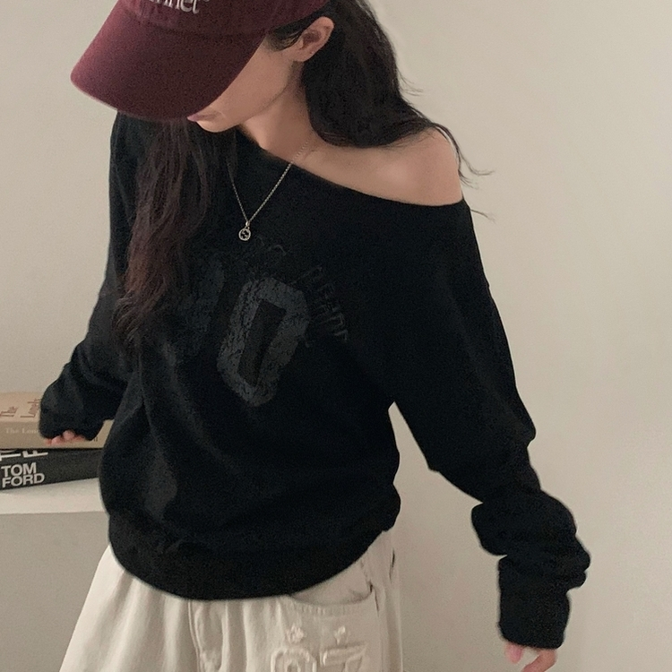 빈티지 넘버 프린팅 원숄더 롱슬리브 레터링 긴팔티셔츠 맨투맨 블랙