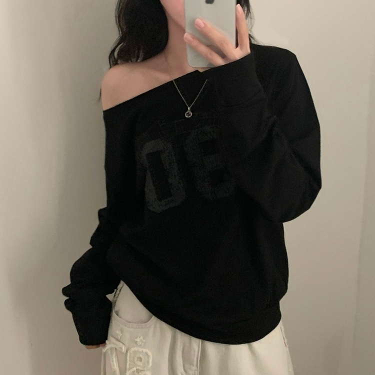 빈티지 넘버 프린팅 원숄더 롱슬리브 레터링 긴팔티셔츠 맨투맨 블랙