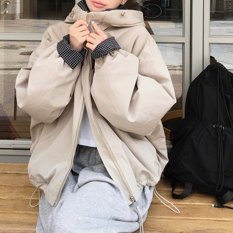 카블 체크 배색 오버핏 아방 후드 집업 바람막이 점퍼 베이지