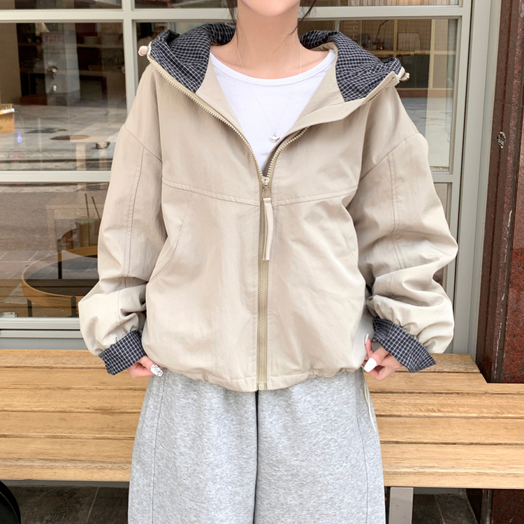 카블 체크 배색 오버핏 아방 후드 집업 바람막이 점퍼 베이지