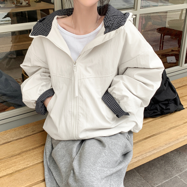 카블 체크 배색 오버핏 아방 후드 집업 바람막이 점퍼 아이보리