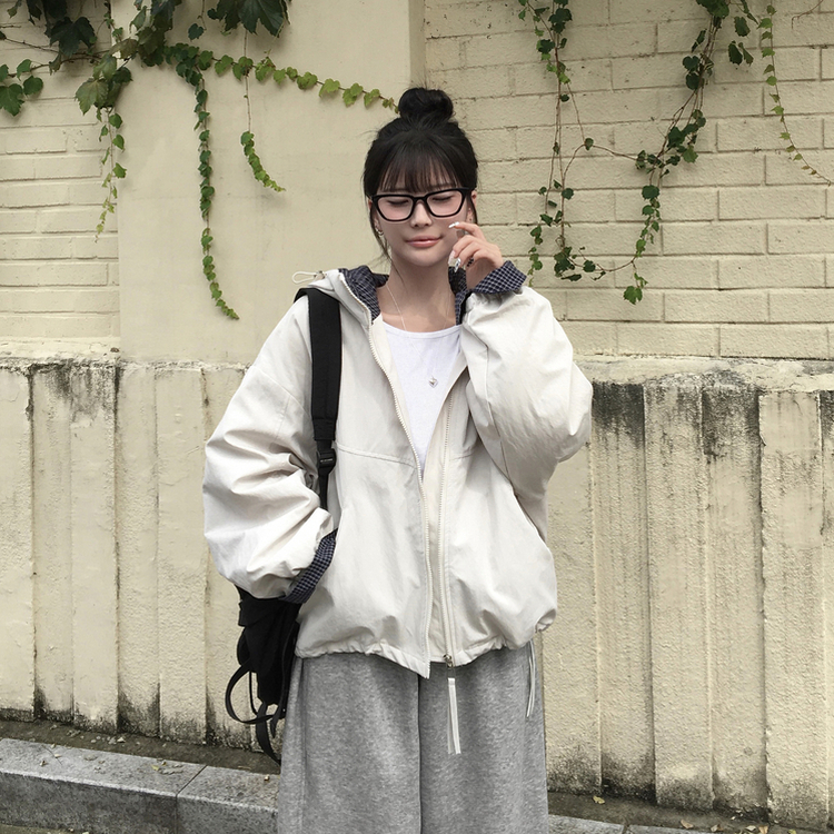 카블 체크 배색 오버핏 아방 후드 집업 바람막이 점퍼 아이보리