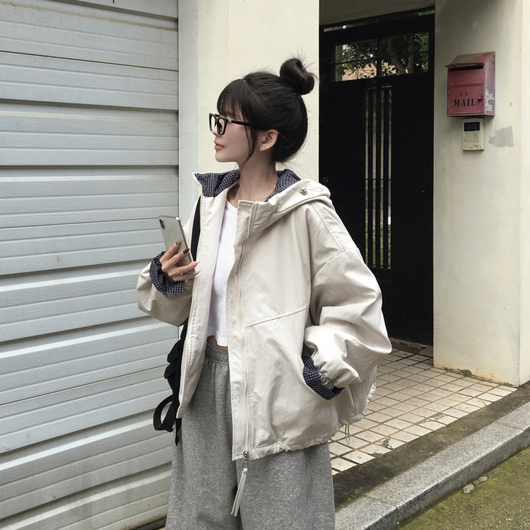 카블 체크 배색 오버핏 아방 후드 집업 바람막이 점퍼 아이보리