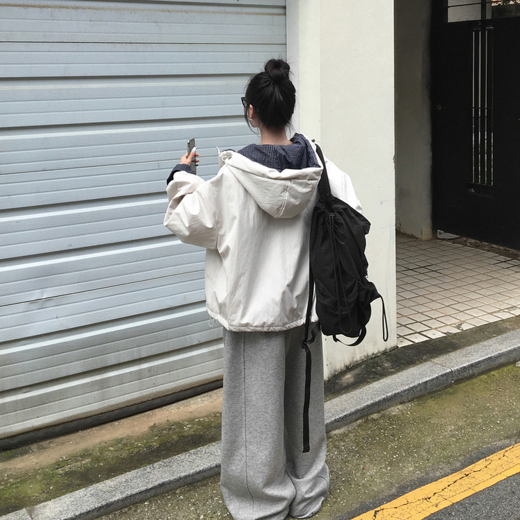 카블 체크 배색 오버핏 아방 후드 집업 바람막이 점퍼 아이보리