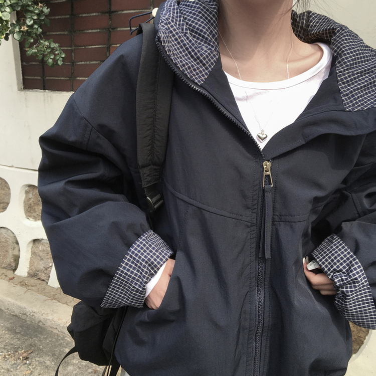 카블 체크 배색 오버핏 아방 후드 집업 바람막이 점퍼 네이비