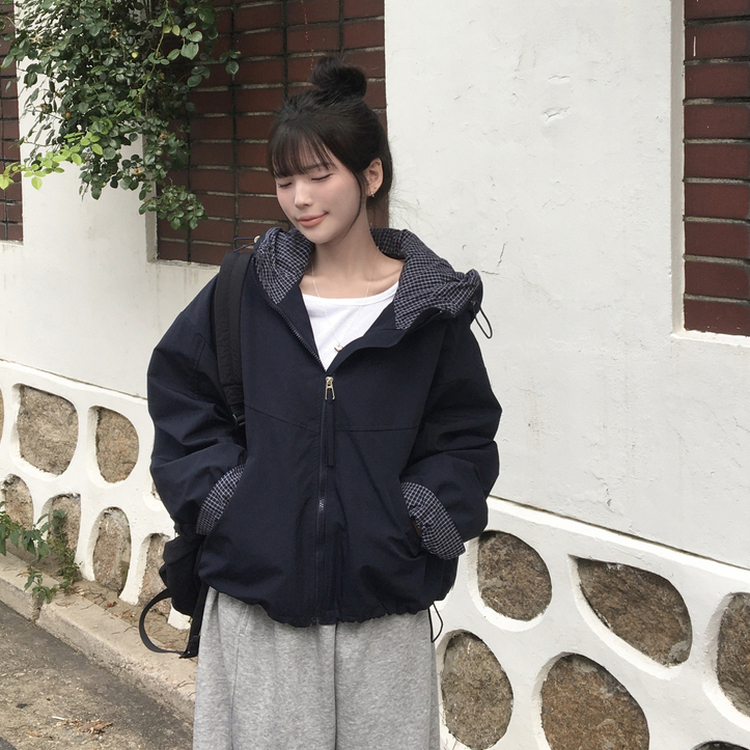 카블 체크 배색 오버핏 아방 후드 집업 바람막이 점퍼 네이비