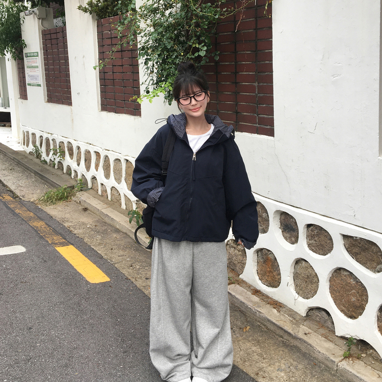 카블 체크 배색 오버핏 아방 후드 집업 바람막이 점퍼 네이비