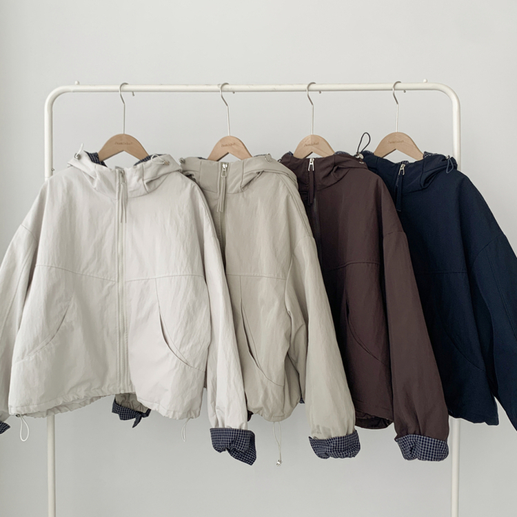 카블 체크 배색 오버핏 아방 후드 집업 바람막이 점퍼