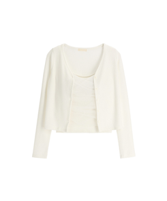 (タンクトップ+カーディガンset/カップ付き/フェミニンムードたっぷり♡) シャーリング スリーブレス 長袖 カーディガン セット