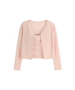 (タンクトップ+カーディガンset/カップ付き/フェミニンムードたっぷり♡) シャーリング スリーブレス 長袖 カーディガン セット