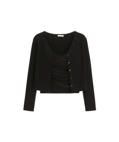 (タンクトップ+カーディガンset/カップ付き/フェミニンムードたっぷり♡) シャーリング スリーブレス 長袖 カーディガン セット