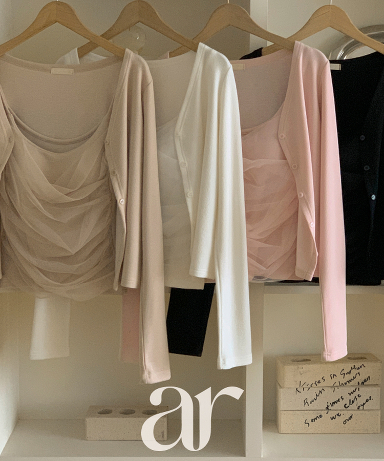 (タンクトップ+カーディガンset/カップ付き/フェミニンムードたっぷり♡) シャーリング スリーブレス 長袖 カーディガン セット