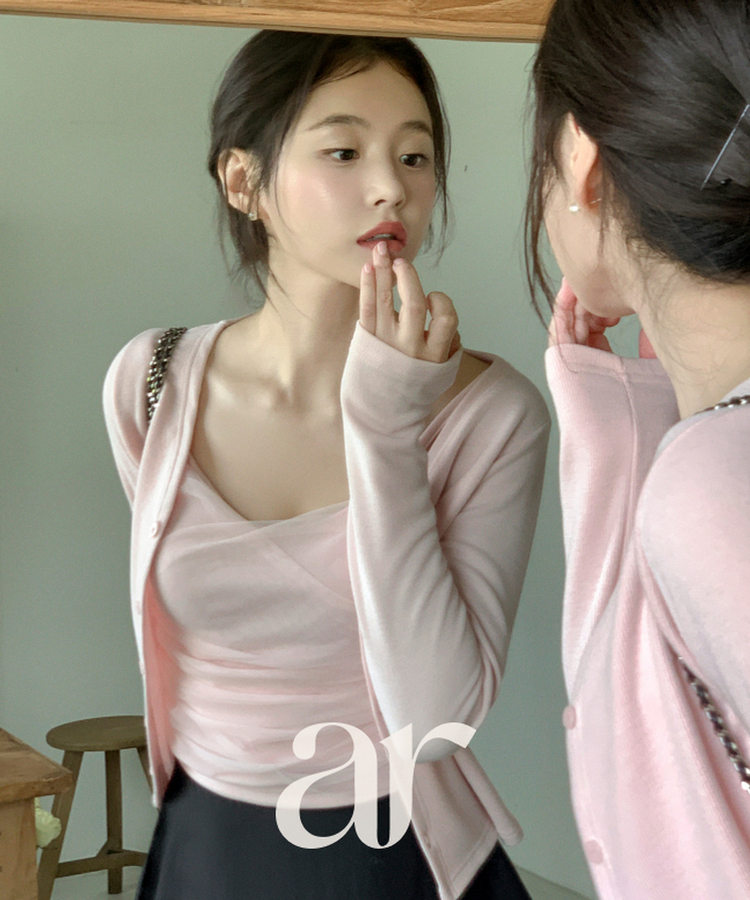 (タンクトップ+カーディガンset/カップ付き/フェミニンムードたっぷり♡) シャーリング スリーブレス 長袖 カーディガン セット PINK