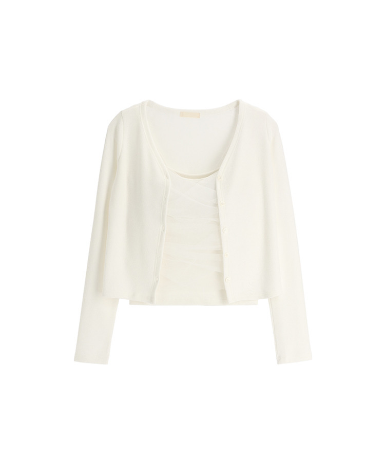 (タンクトップ+カーディガンset/カップ付き/フェミニンムードたっぷり♡) シャーリング スリーブレス 長袖 カーディガン セット