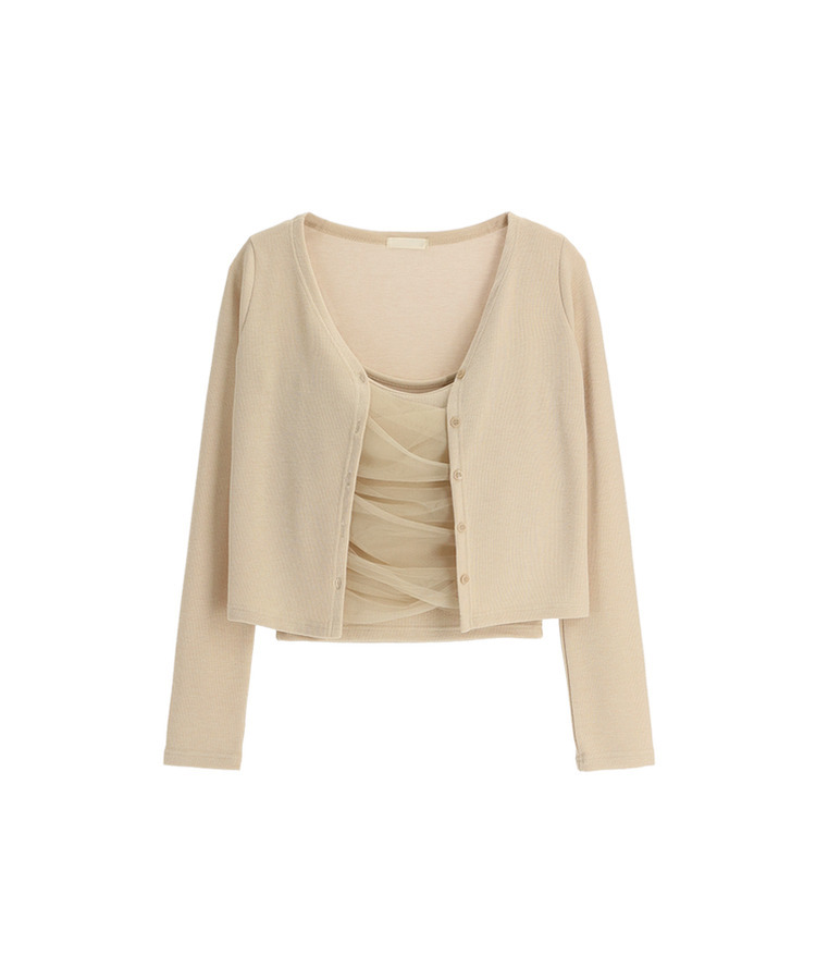 (タンクトップ+カーディガンset/カップ付き/フェミニンムードたっぷり♡) シャーリング スリーブレス 長袖 カーディガン セット