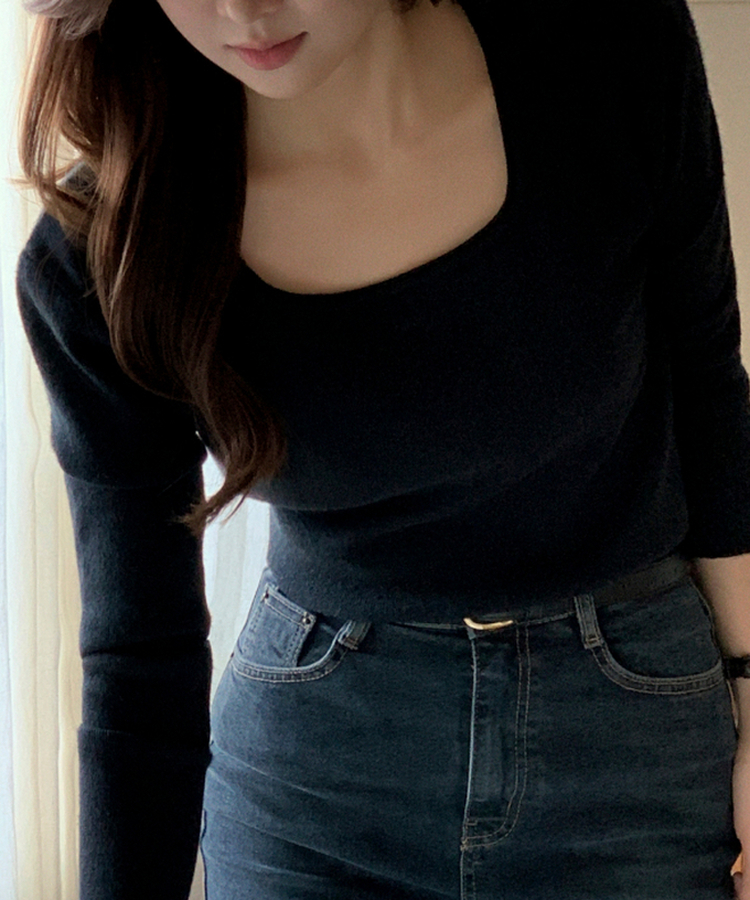 スクエアネックデイリー長袖ニット(7color) BLACK