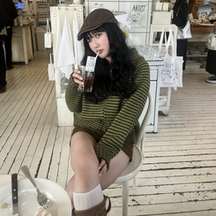 ストライプニットジップアップ GREEN