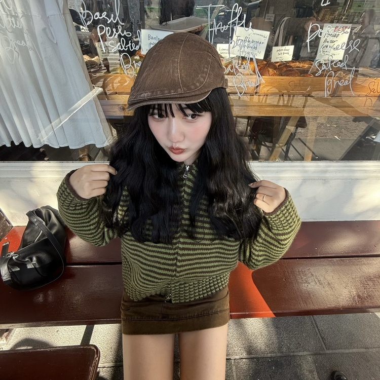 ストライプニットジップアップ GREEN