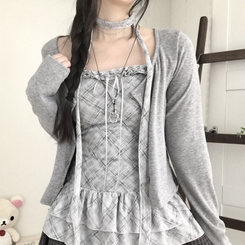 빈티지 여리핏 프릴 가디건 체크 레이어드 나시 머플러 세트 그레이