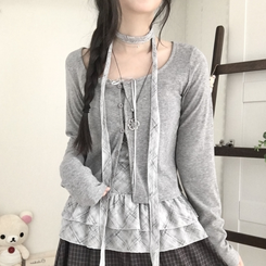 빈티지 여리핏 프릴 가디건 체크 레이어드 나시 머플러 세트 그레이