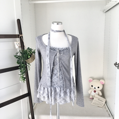 빈티지 여리핏 프릴 가디건 체크 레이어드 나시 머플러 세트