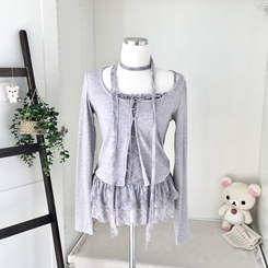 빈티지 여리핏 프릴 가디건 체크 레이어드 나시 머플러 세트