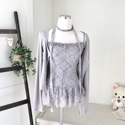 빈티지 여리핏 프릴 가디건 체크 레이어드 나시 머플러 세트