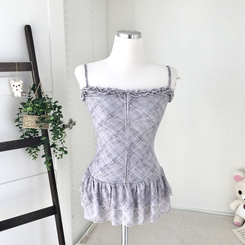 빈티지 여리핏 프릴 가디건 체크 레이어드 나시 머플러 세트