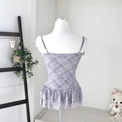 빈티지 여리핏 프릴 가디건 체크 레이어드 나시 머플러 세트