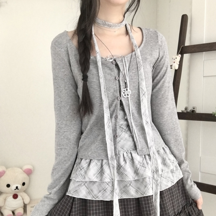 빈티지 여리핏 프릴 가디건 체크 레이어드 나시 머플러 세트 그레이