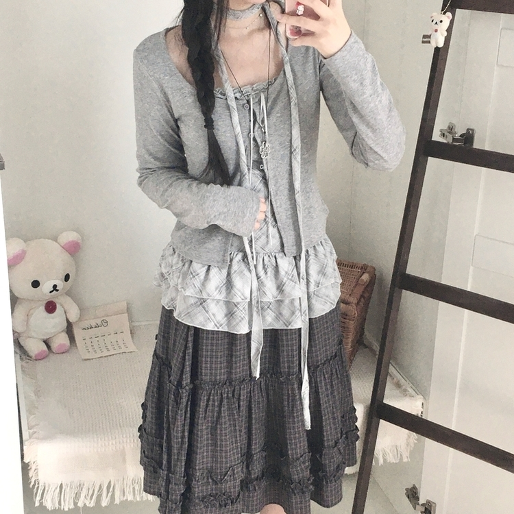 빈티지 여리핏 프릴 가디건 체크 레이어드 나시 머플러 세트 그레이