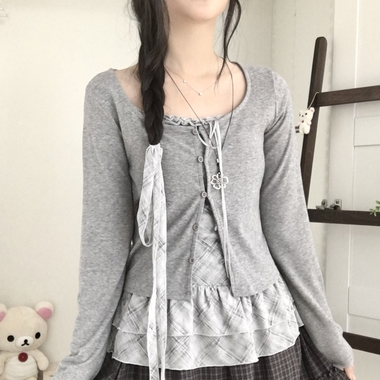 빈티지 여리핏 프릴 가디건 체크 레이어드 나시 머플러 세트 그레이