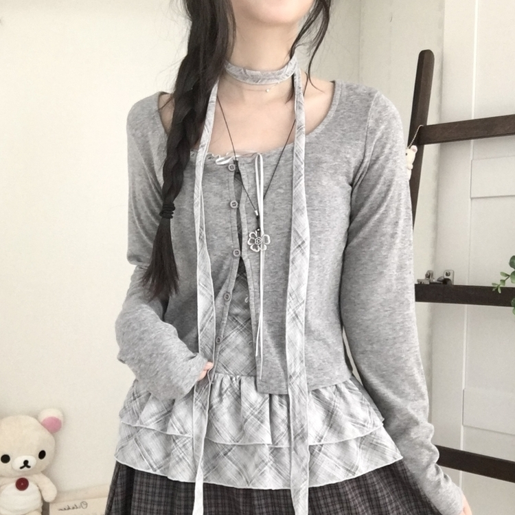 빈티지 여리핏 프릴 가디건 체크 레이어드 나시 머플러 세트 그레이