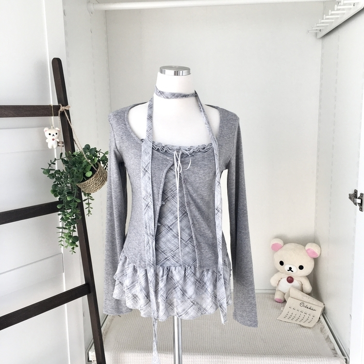 빈티지 여리핏 프릴 가디건 체크 레이어드 나시 머플러 세트