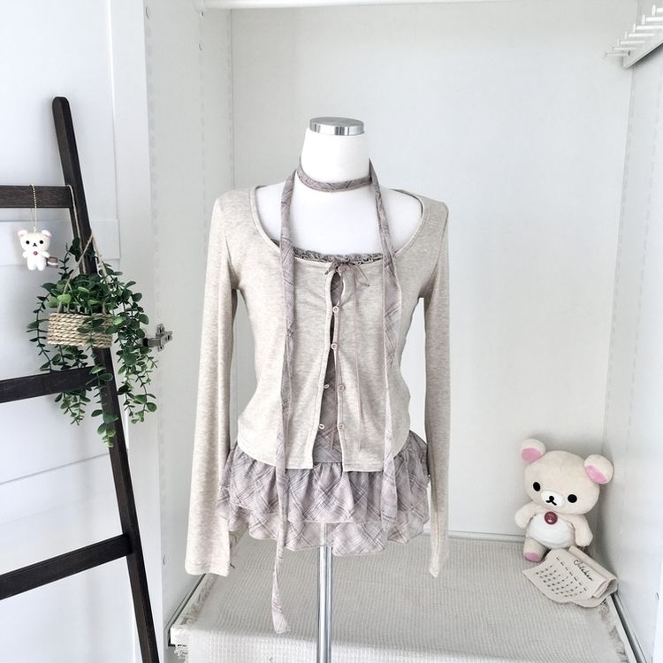 빈티지 여리핏 프릴 가디건 체크 레이어드 나시 머플러 세트