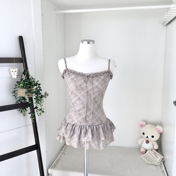 빈티지 여리핏 프릴 가디건 체크 레이어드 나시 머플러 세트